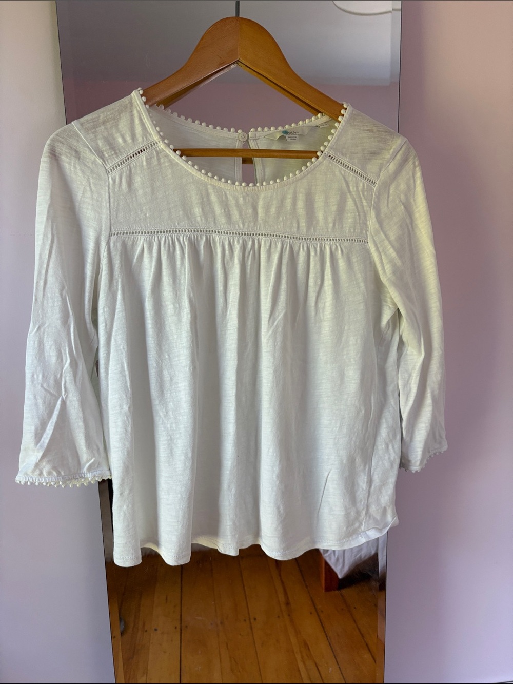 Boden White Peasant Blouse with Pom Trim